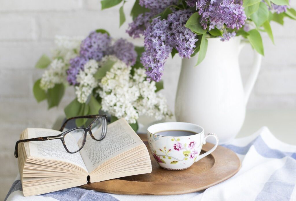 coffee, book, flowers